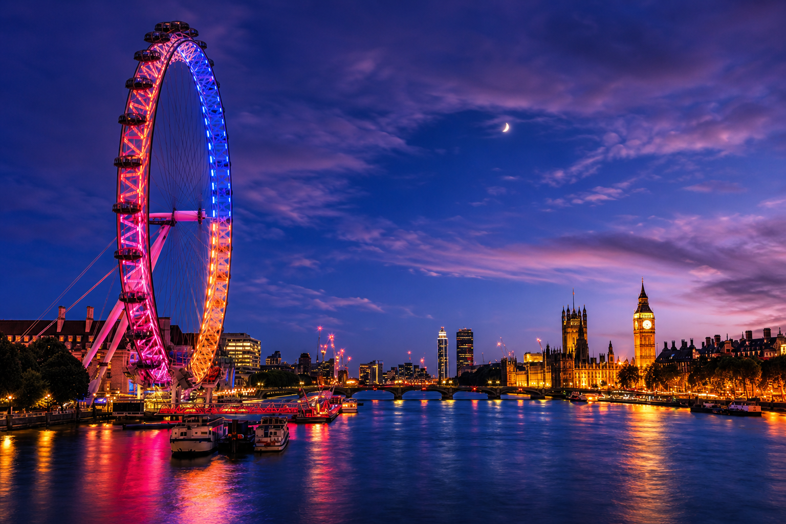 London, England — Thames skyline with London Eye and Houses of Parliament at dusk