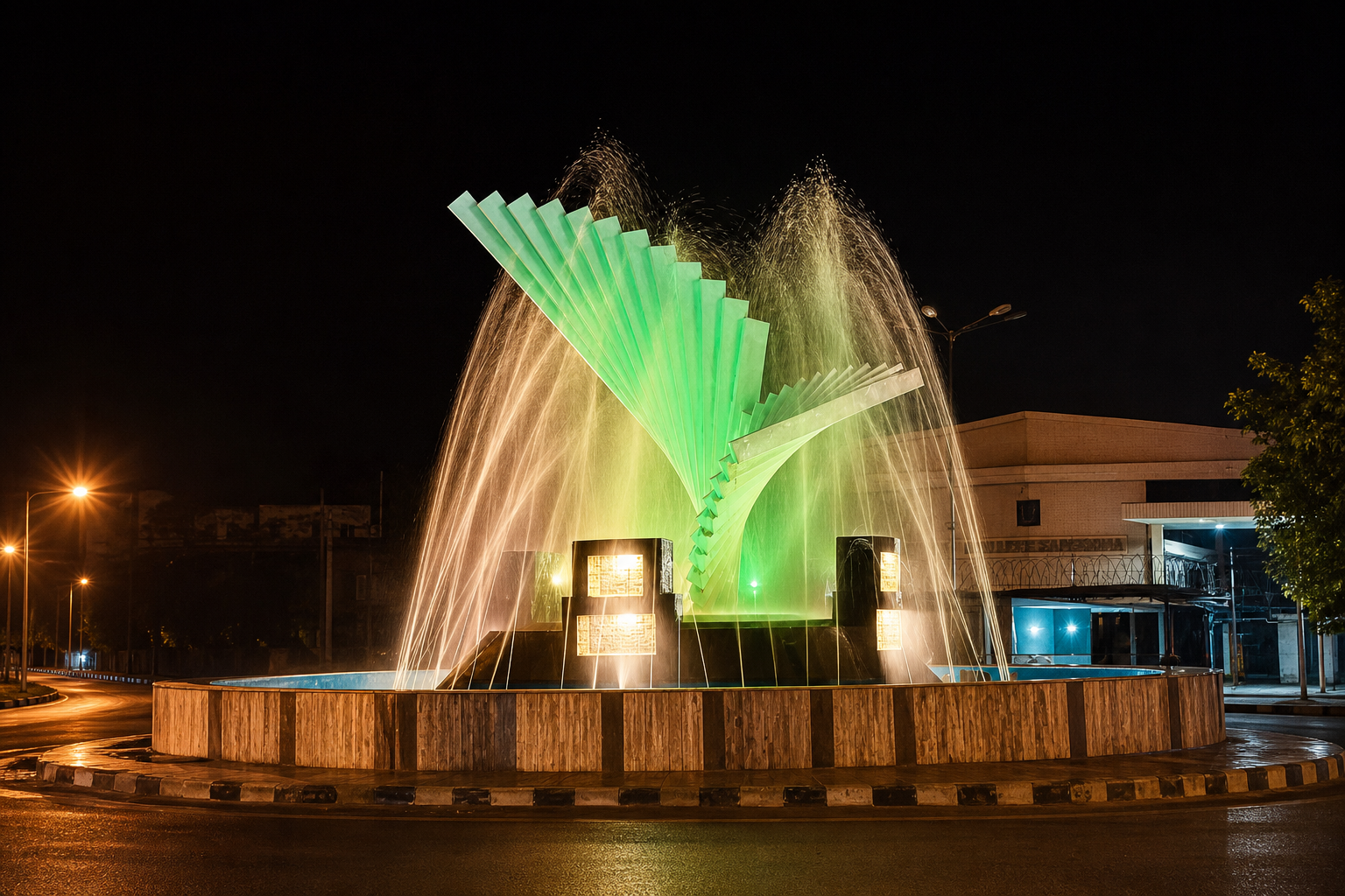 Illuminated fountain landmark in Sargodha, Pakistan — near Sublime Logics head office