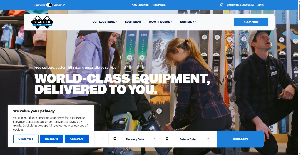 Black Tie Ski Rental Delivery website homepage