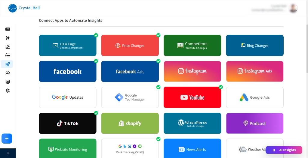 Crystal Ball Connect Apps dashboard