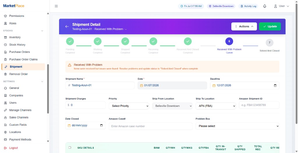 MarketPlace FBA shipment detail and workflow tracking