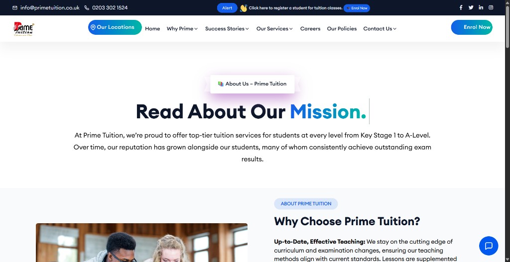 Prime Tuition About Us page with mission statement