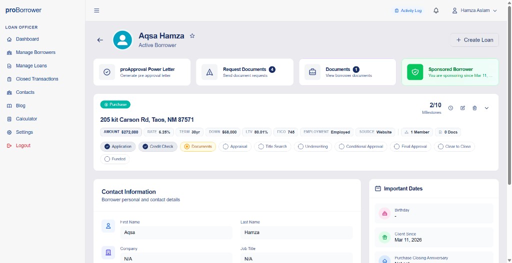 proBorrower active borrower profile with loan milestone tracker